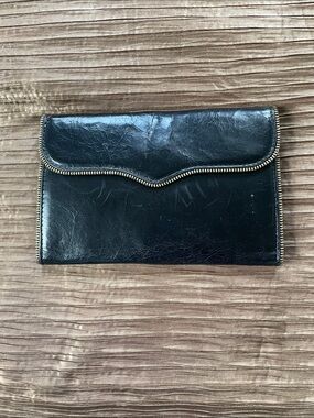 Rebecca Minkoff Black Leather Zip Clutch Wallet with Gold Plaque